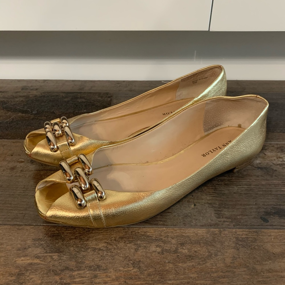 Ann Taylor Leather Peep Toe Ballet Flats - Gold